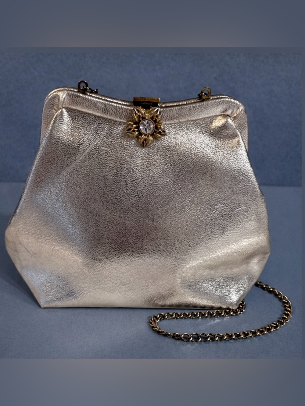 Vintage rose gold mini purse with pink silk change purse.  Rhinestone clasp